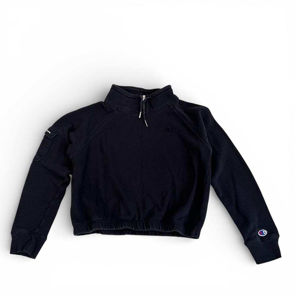 Champion Women’s Faded Black Cropped Drawstring Zipper Neck - SZ: Small